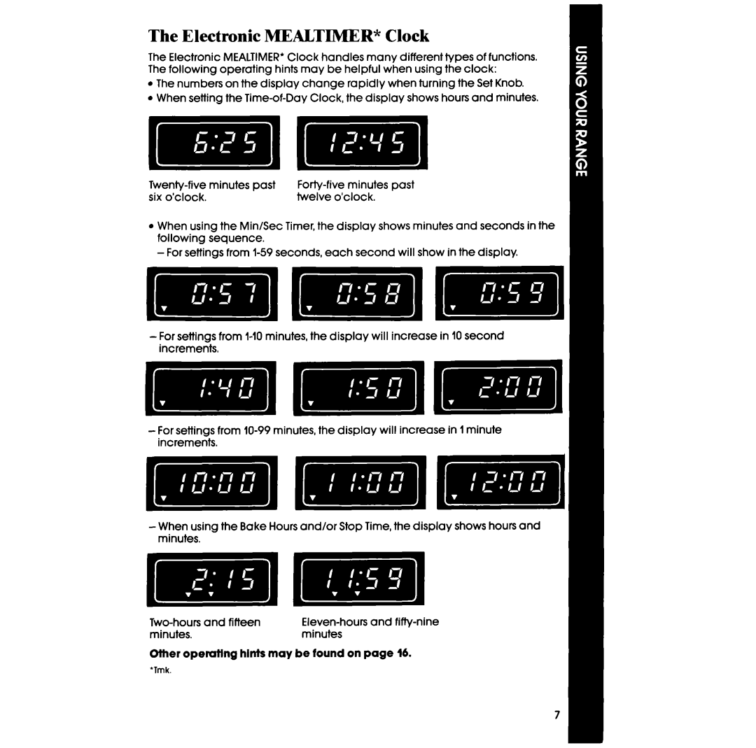 Whirlpool RF3870PXP manual The Electronic MEALTIMER* Clock, Ofher operaflng hinfs may be found on page 