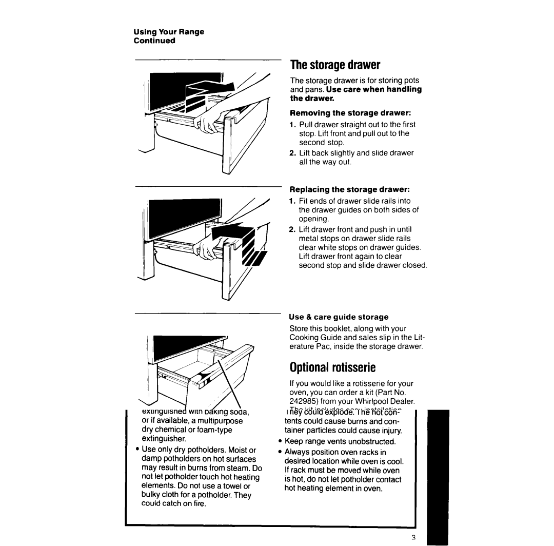 Whirlpool RF387PXV manual Thestoragedrawer, Optionalrotisserie, Optionaldoorpanelpat, Use & care guide storage 