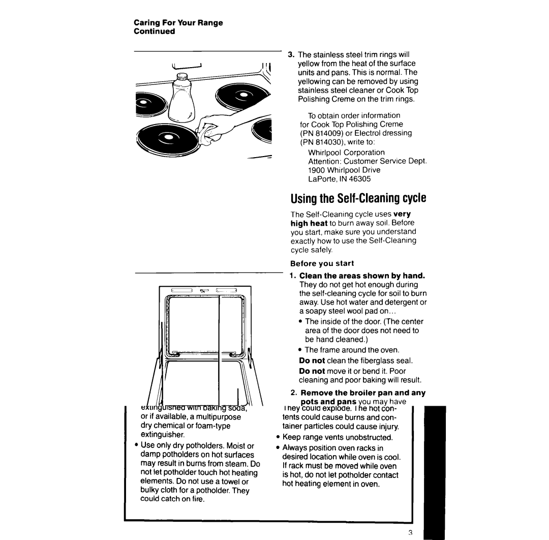 Whirlpool RF387PXV manual Usingthe Self-Cleaningcycle, Whirlpool Corporation LaPorte 