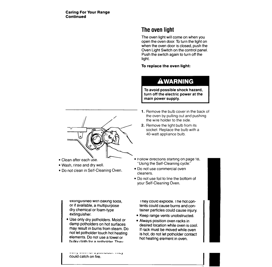 Whirlpool RF387PXV manual Theovenlight, Caring For Your Range 