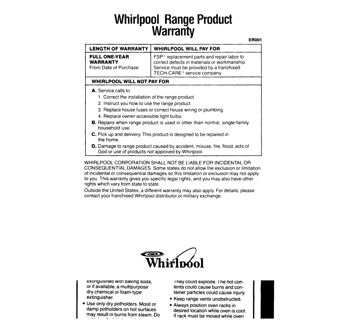 Whirlpool RF387PXV manual Whirlpool’RangeProduct Warranty, Defects, Purchase, By a franchised, TECH-CARE’ service company 