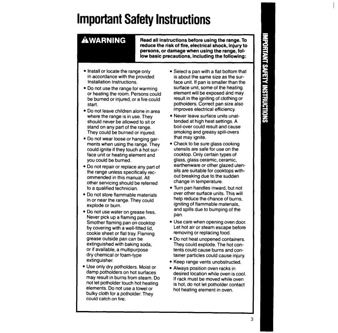 Whirlpool RF387PXV manual ImportantSafetyInstructions, Dry chemical or foam-type extinguisher 