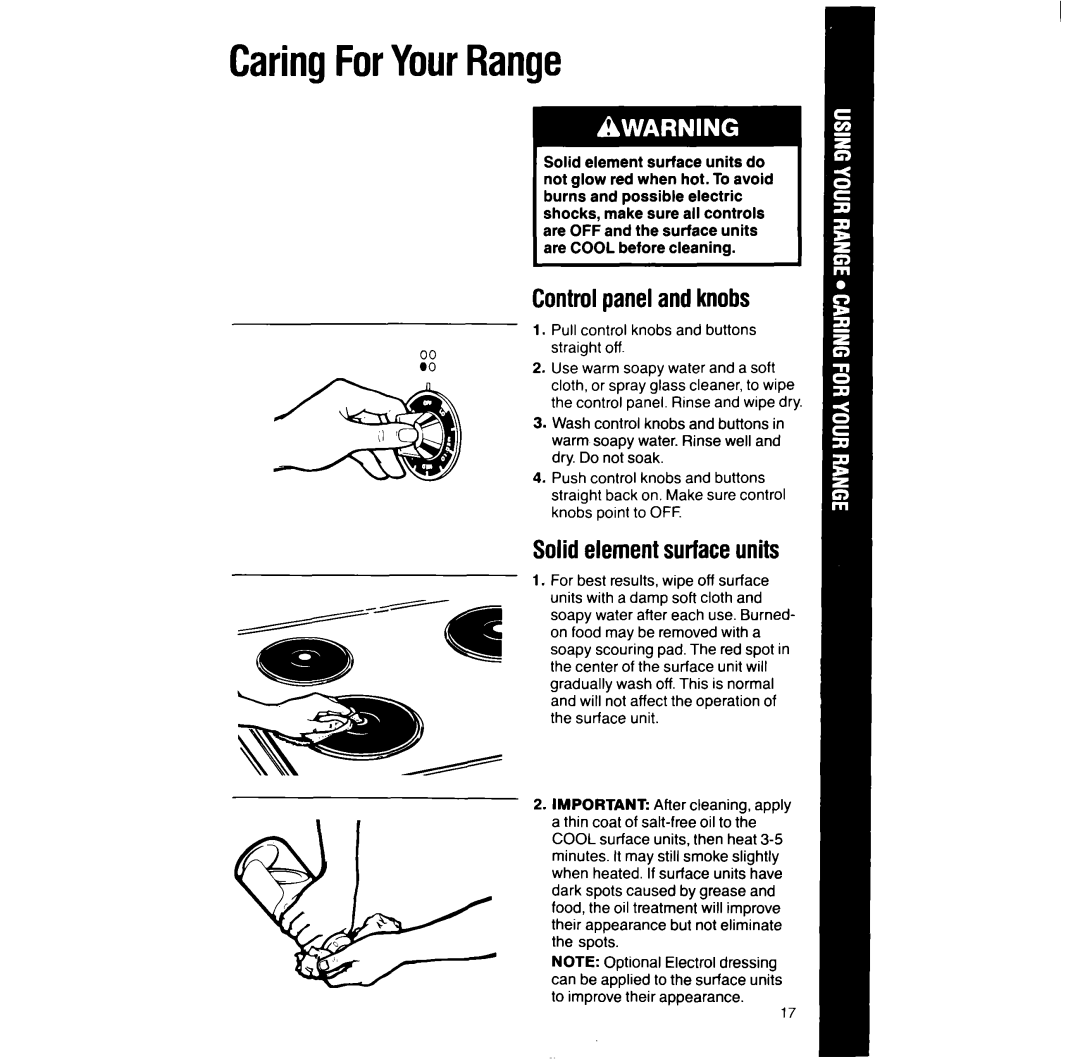 Whirlpool RF387PXV manual CaringForYourRange, Controlpanelandknobs, Solidelementsurfaceunits 