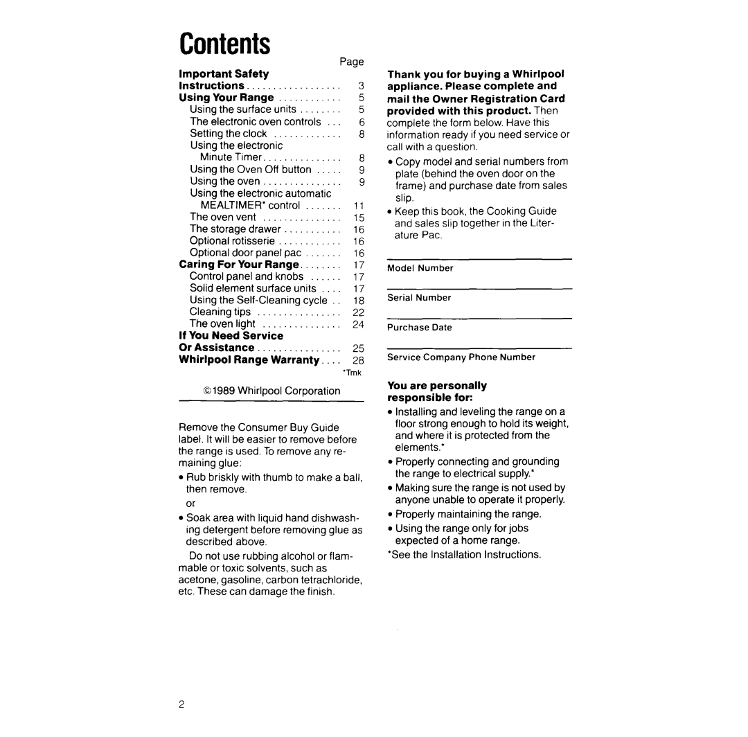 Whirlpool RF387PXV manual Contents 