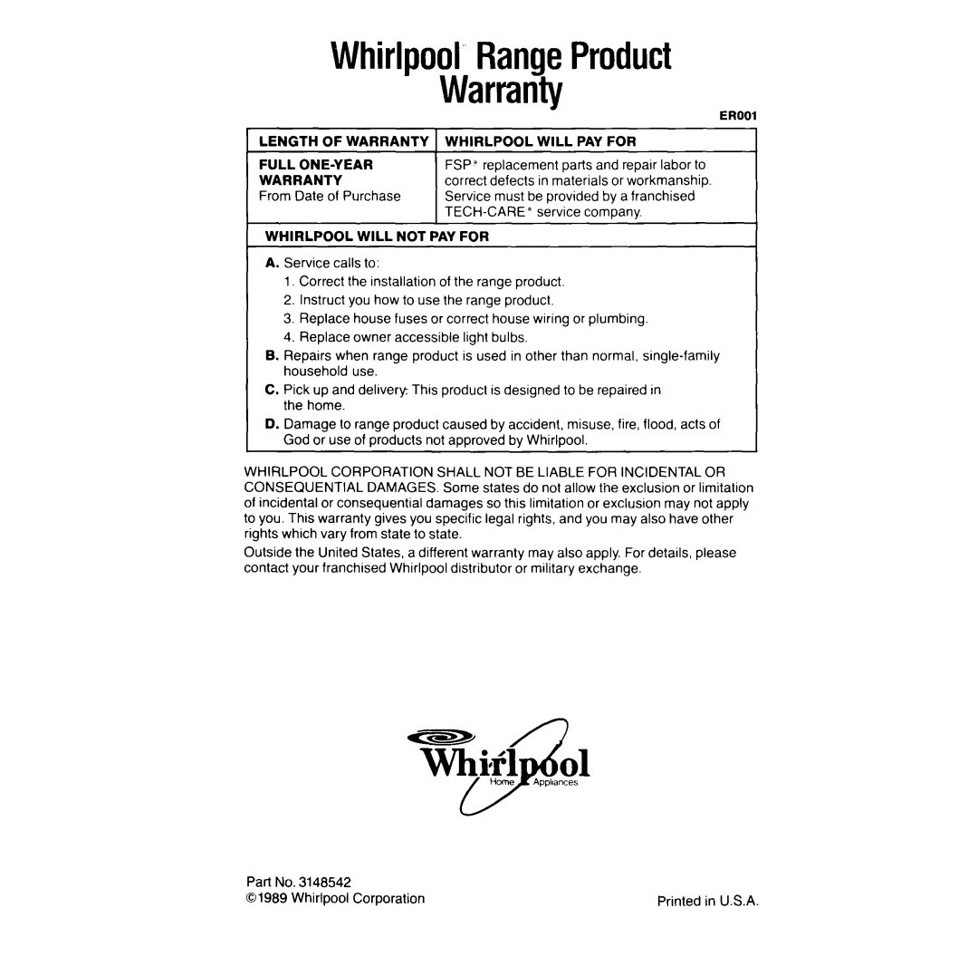 Whirlpool RF387PXV manual Whirlpool’RangeProduct Warranty 