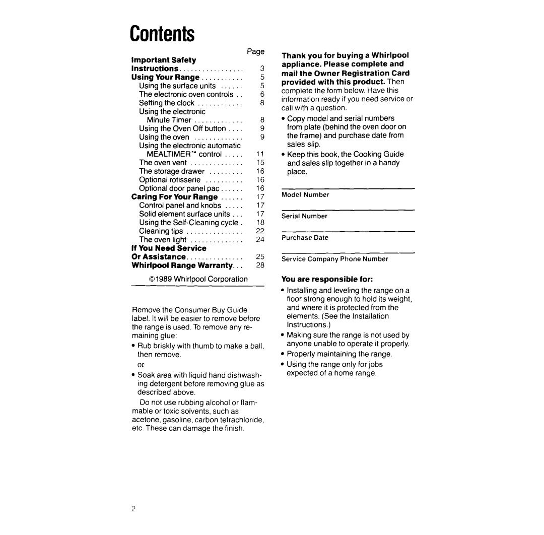 Whirlpool RF387PXW manual Contents 