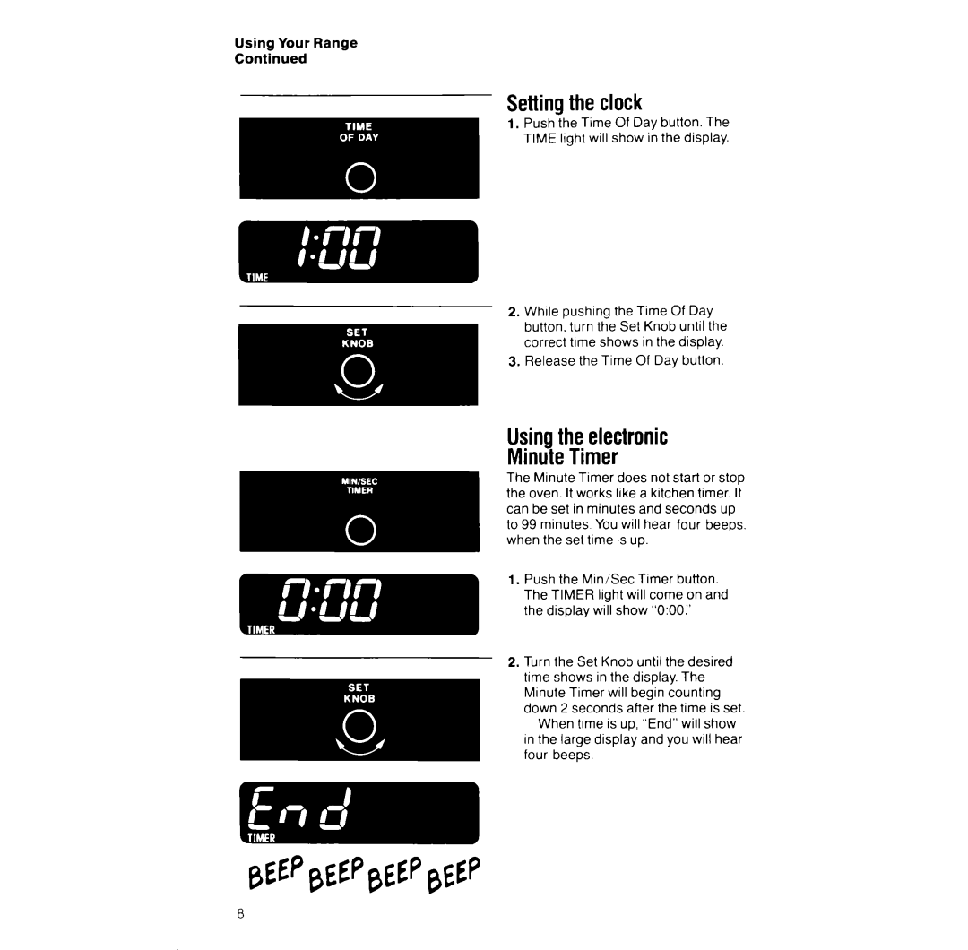 Whirlpool RF387PXW manual Settingthe clock, Usingtheelectronic MinuteTimer 