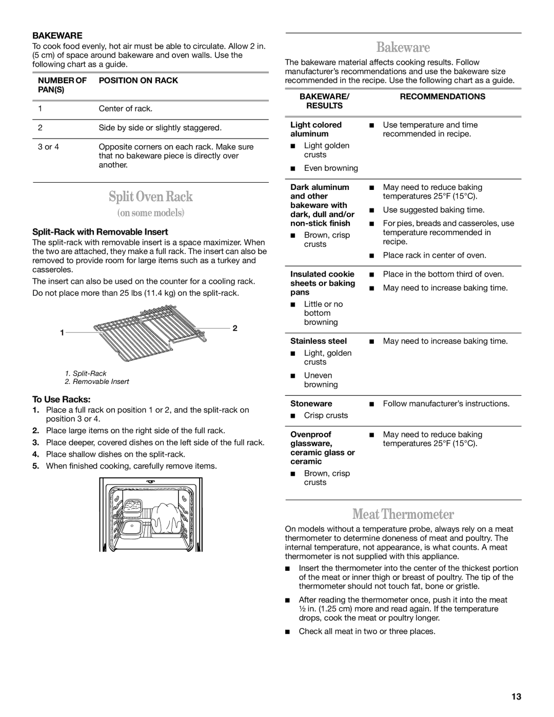 Whirlpool GR465LXK, RF390LXK, RF388LXK, RF389LXK, GR470LXK, GR475LXK, GR460LXK manual Bakeware, Split Oven Rack, Meat Thermometer 