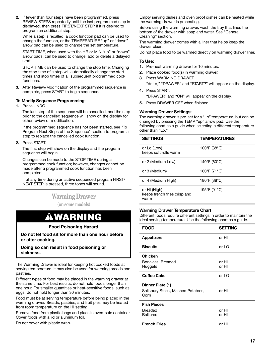 Whirlpool 8522773A, RF390LXK, RF388LXK, RF389LXK, GR470LXK, GR465LXK manual Warming Drawer, Settings Temperatures, Food Setting 