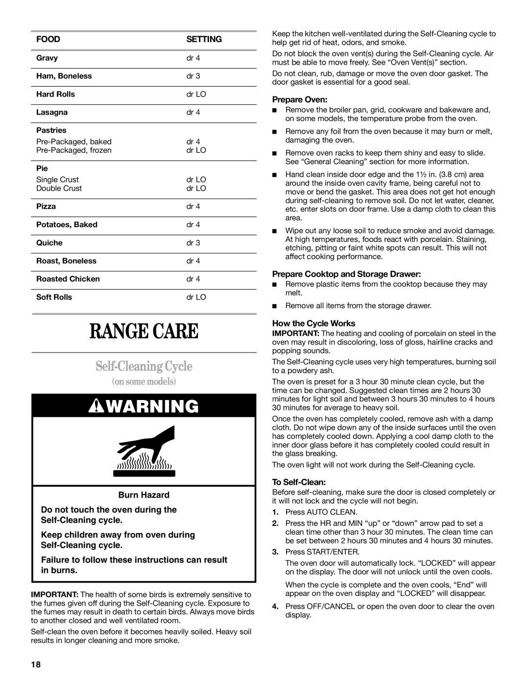 Whirlpool RF390LXK, RF388LXK, RF389LXK, GR470LXK, GR465LXK, GR475LXK, GR460LXK, RF199LXK manual Range Care, Self-Cleaning Cycle 