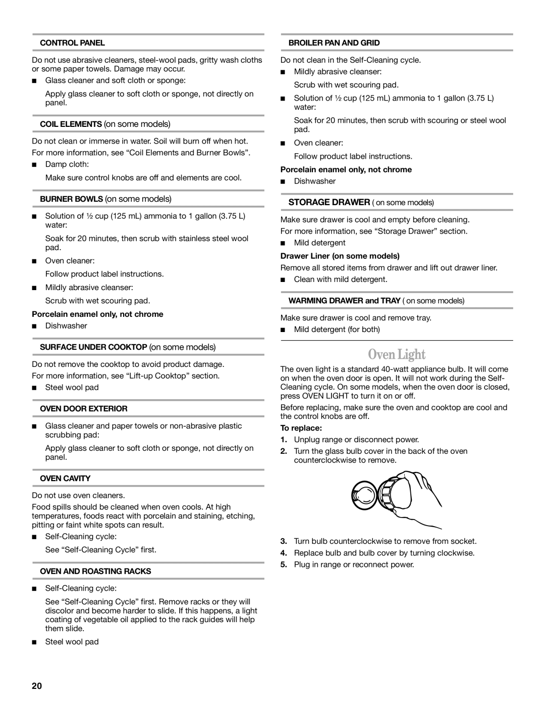 Whirlpool RF389LXK, RF390LXK, RF388LXK, GR470LXK, GR465LXK, GR475LXK, GR460LXK, RF199LXK, 8522773A manual Oven Light 