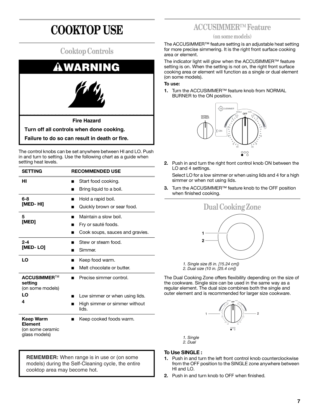 Whirlpool RF199LXK, RF390LXK, RF388LXK Cooktop USE, Cooktop Controls, Accusimmer Feature, Dual Cooking Zone, To Use Single 