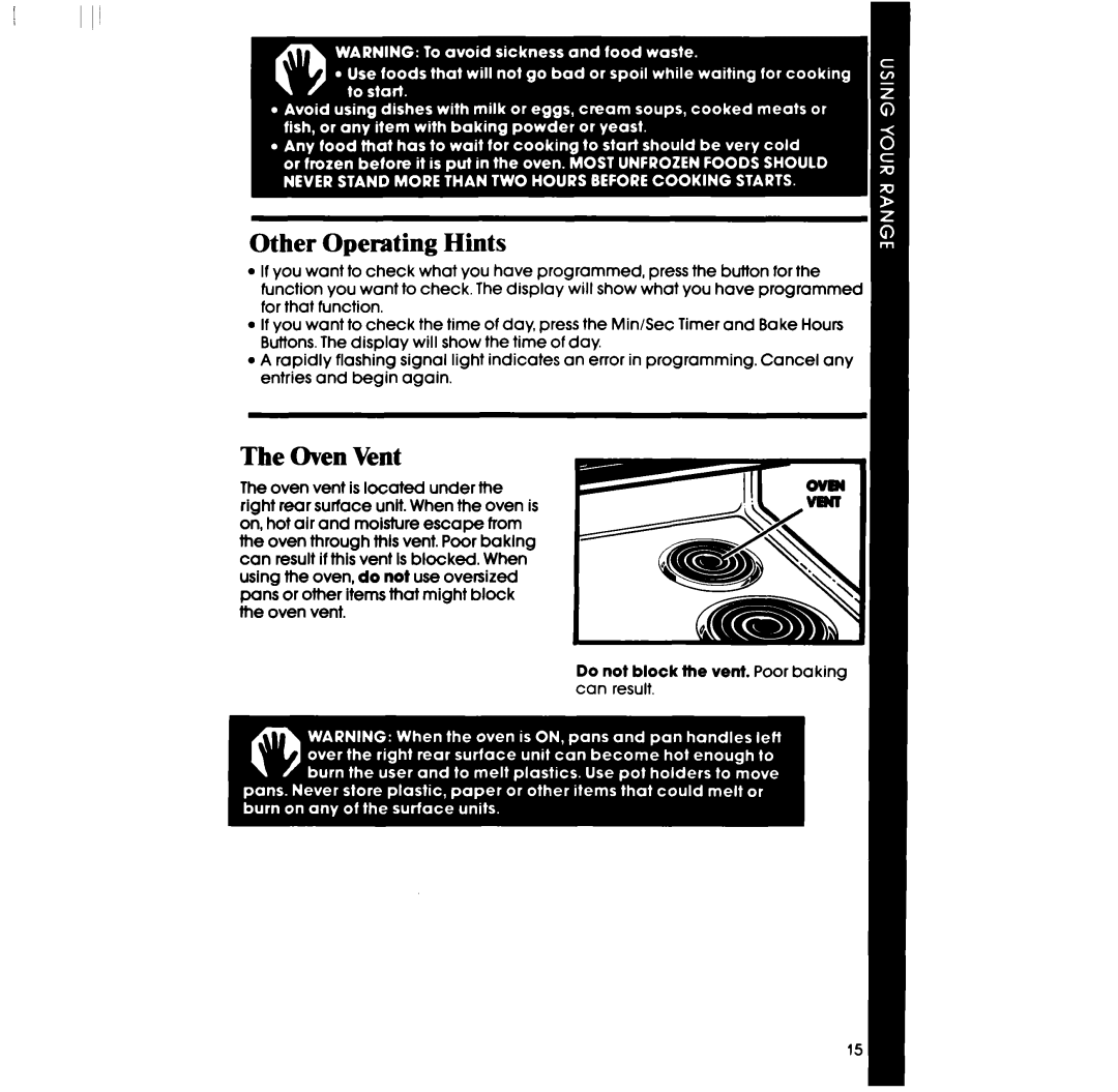 Whirlpool RF390PXP manual Other Operating Hints, Oven Vent 