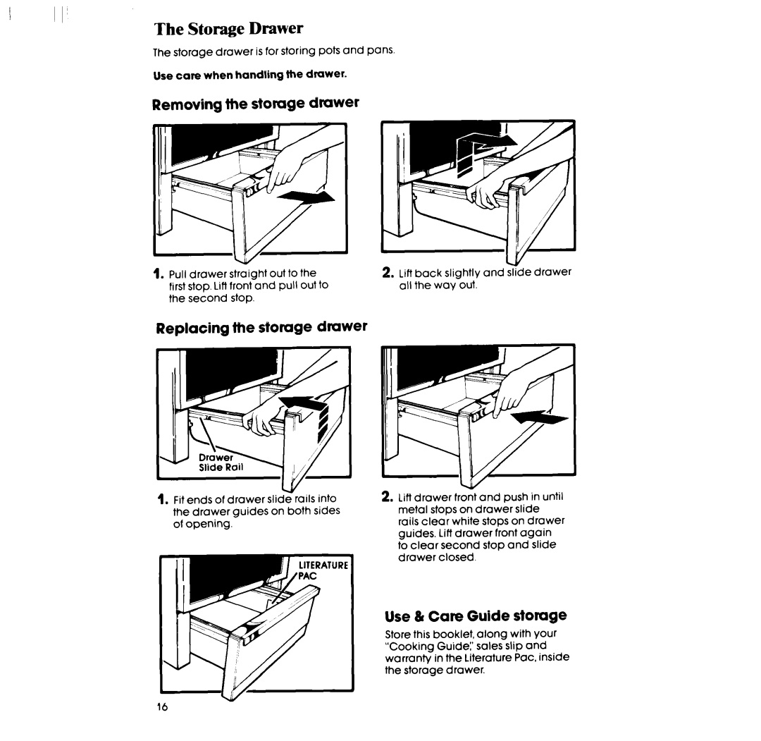 Whirlpool RF390PXP Storage Drawer, Removing the storage drawer, Replacing the storage drawer, Use & Care Guide storage 