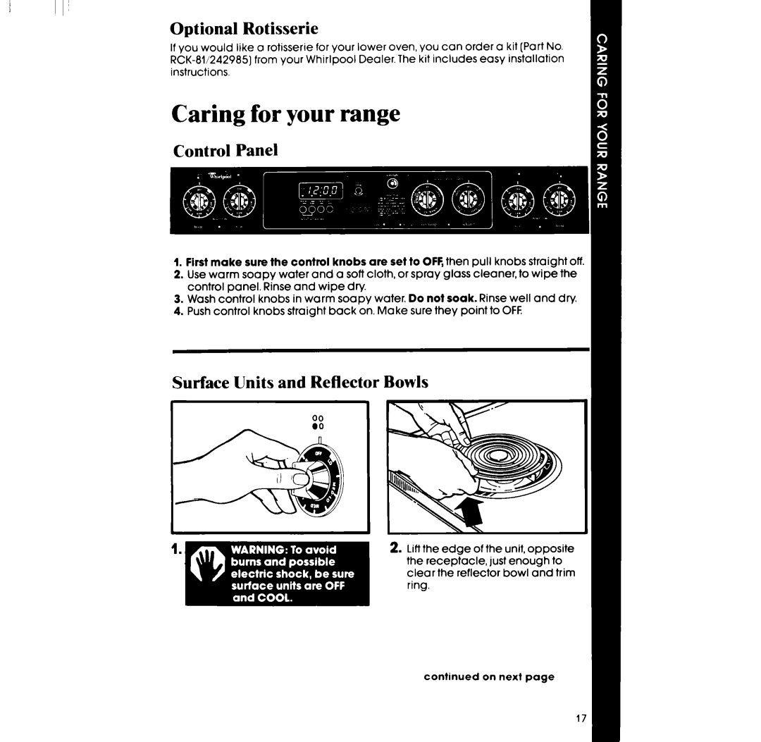 Whirlpool RF390PXP manual ODtional1, ~~~, Control Panel, Surface Units and Reflector Bowls 