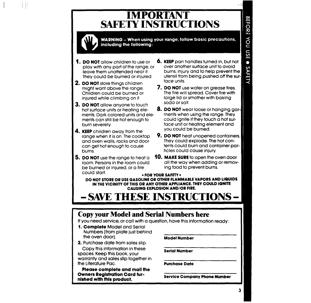 Whirlpool RF390PXP manual Safety Instructions, Copy your Model and Serial Numbers here 