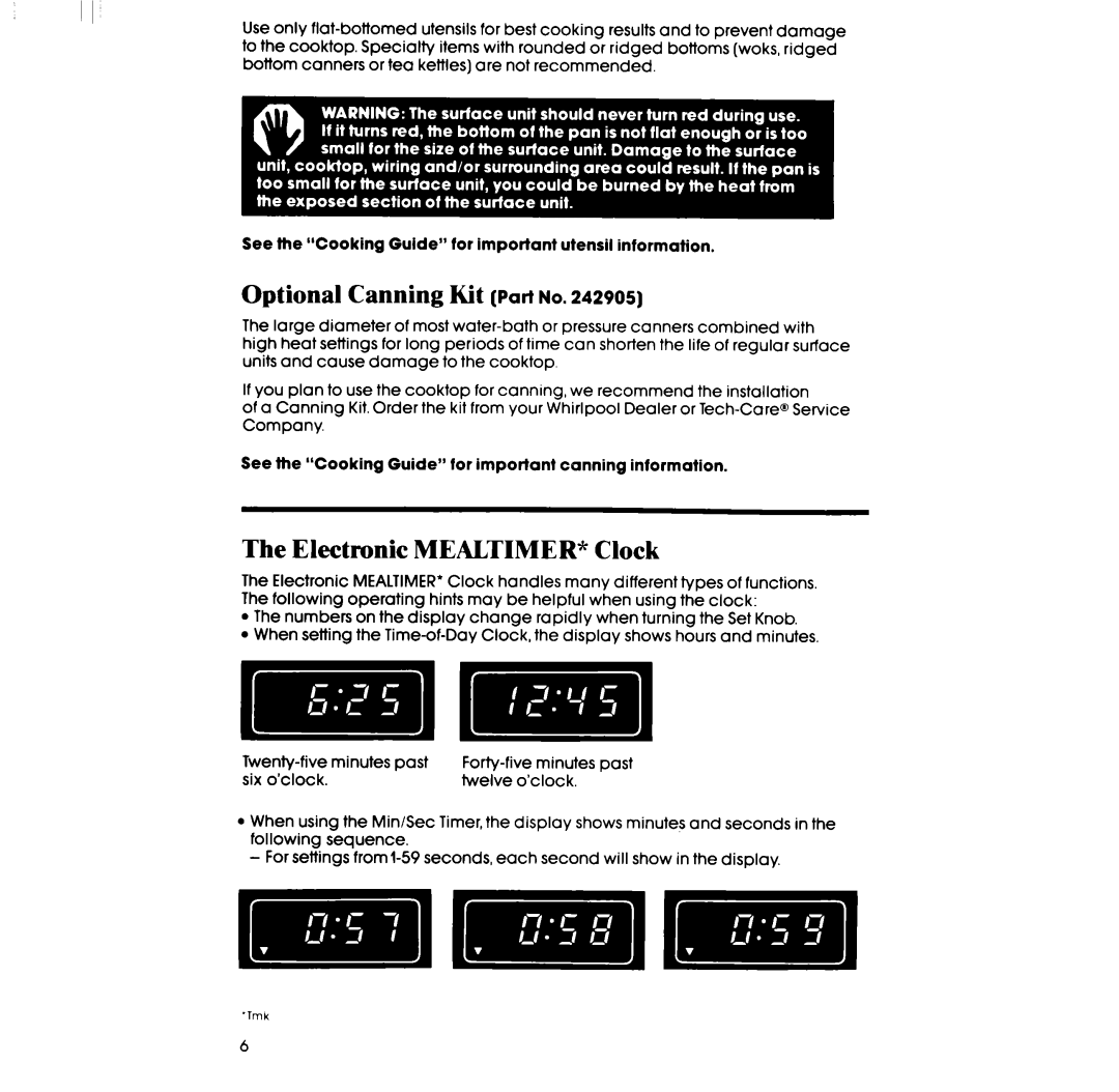 Whirlpool RF390PXP manual Optional Canning Kit Part no, Electronic MEALTIMER* Clock 