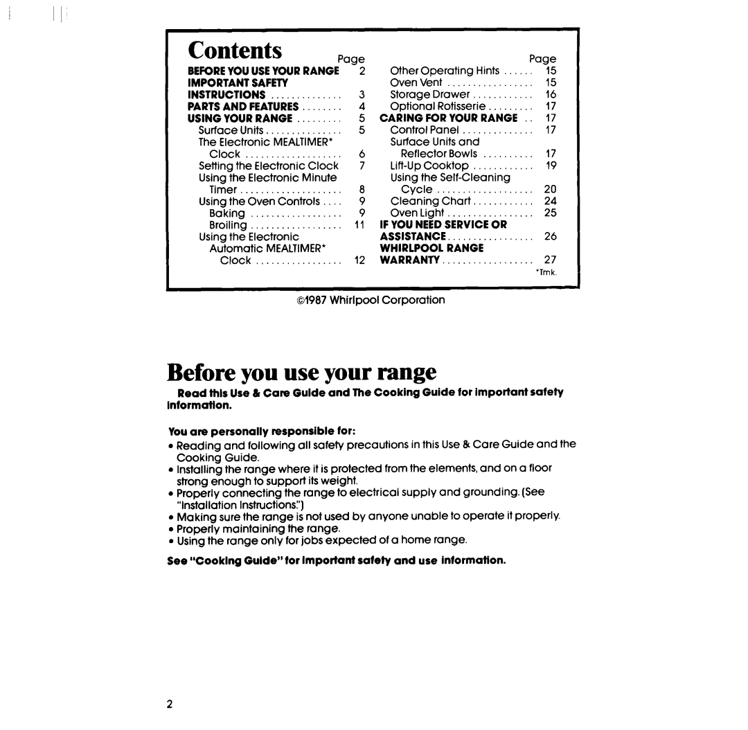 Whirlpool RF390PXP manual Contents, Before you use your range 