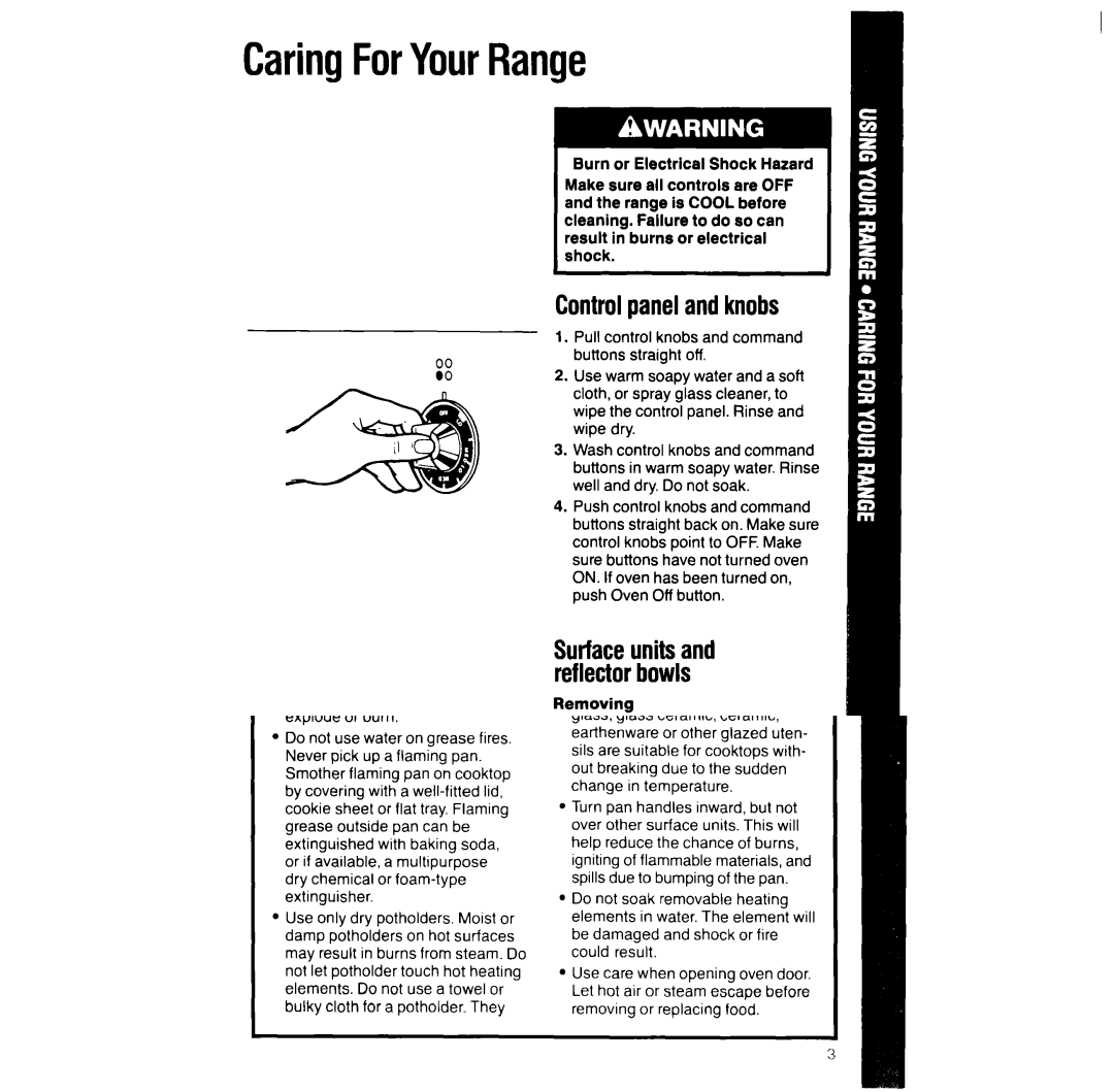 Whirlpool RF390PXV manual CaringForYourRange, Controlpanelandknobs 