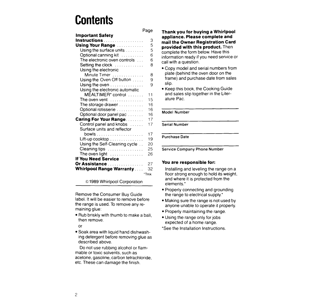 Whirlpool RF390PXV manual Contents 