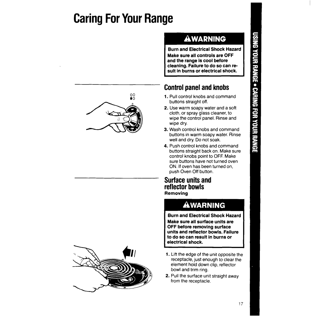 Whirlpool RF390PXW manual CaringForYourRange, Controlpanelandknobs 