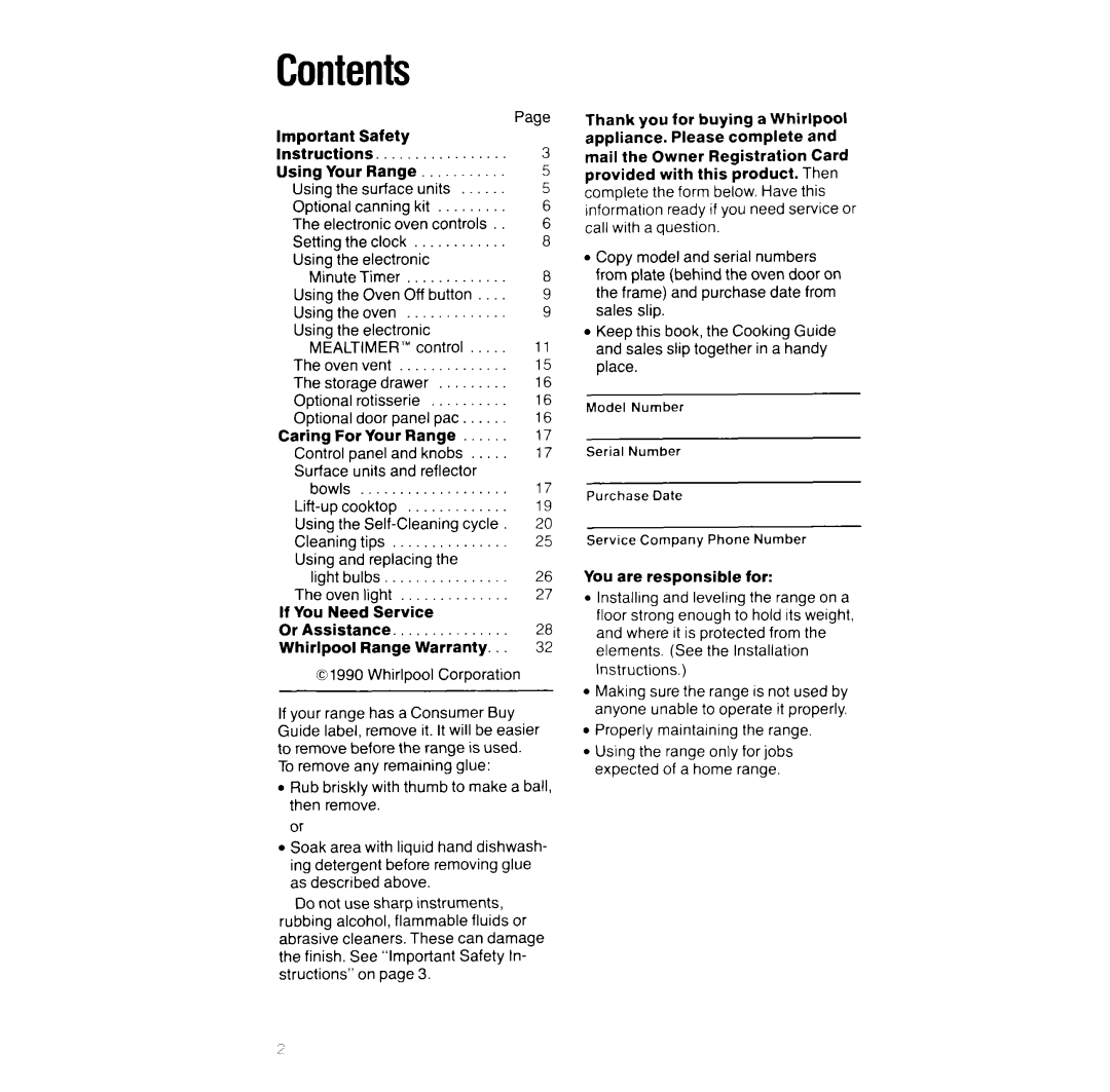 Whirlpool RF390PXW manual Contents 