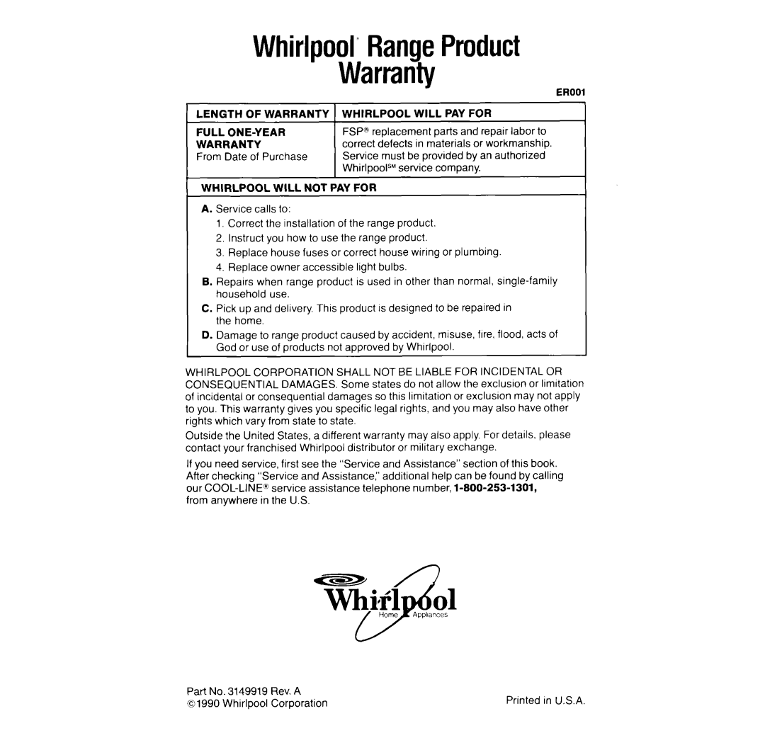 Whirlpool RF390PXW manual Whirlpool’RangeProduct Warranty 