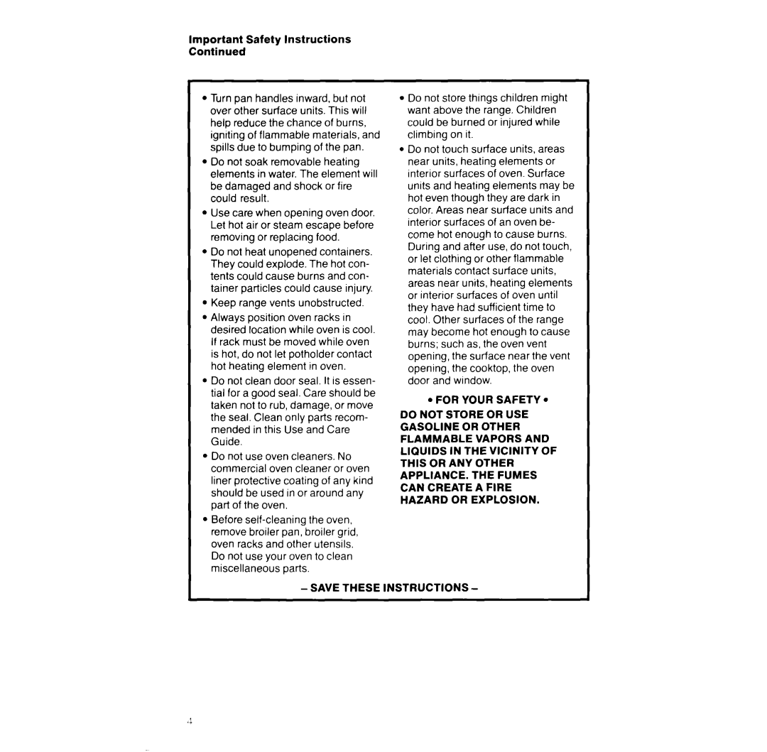 Whirlpool RF390PXW manual Important Safety Instructions Continued 