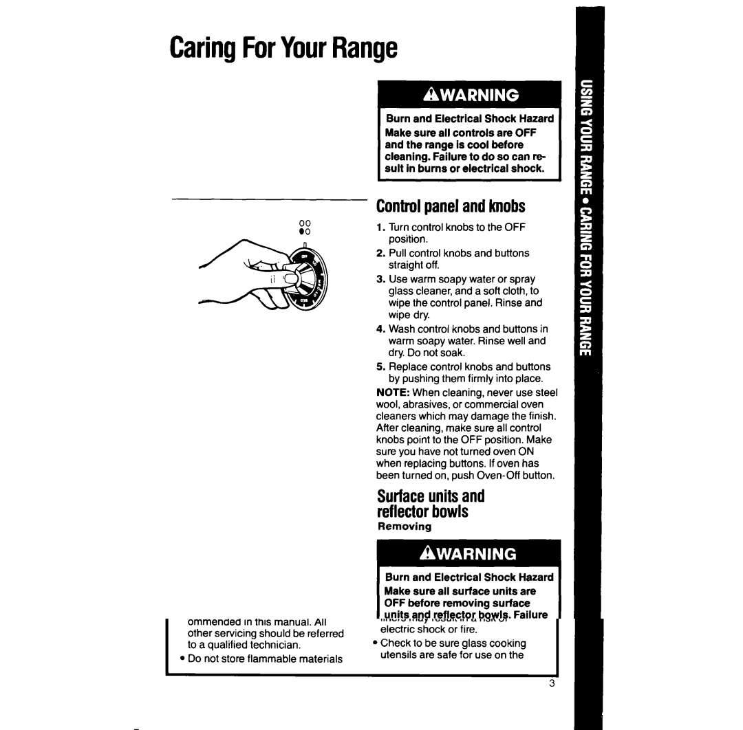 Whirlpool RF391PXW manual CaringForYourRange, Control panel and knobs 