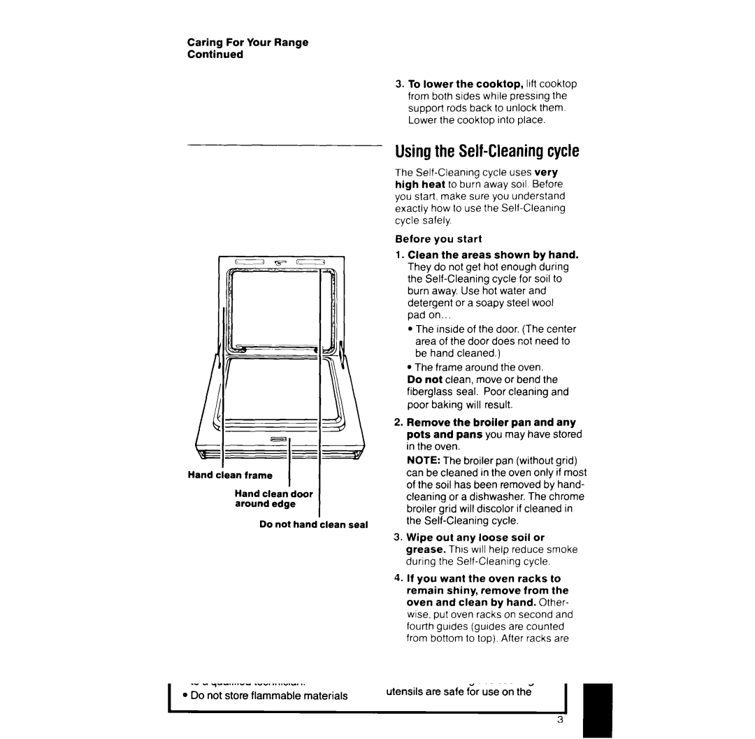 Whirlpool RF391PXW manual Using the Self-Cleaningcycle, Caring For Your Range, Hand lean frame, Do not hand clean seal 