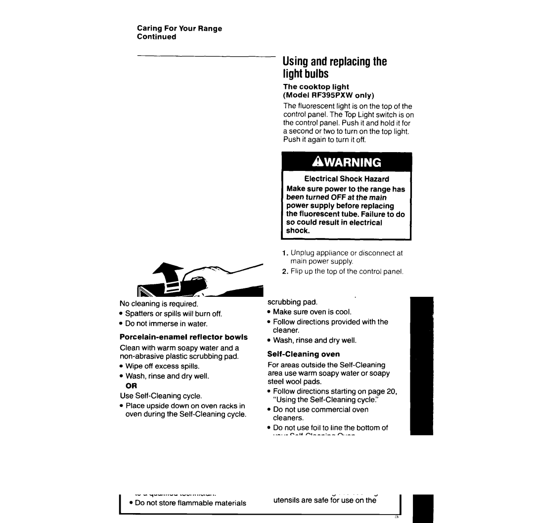 Whirlpool RF391PXW manual Using and replacing the light bulbs, Cooktop light Model RF395PXW only 