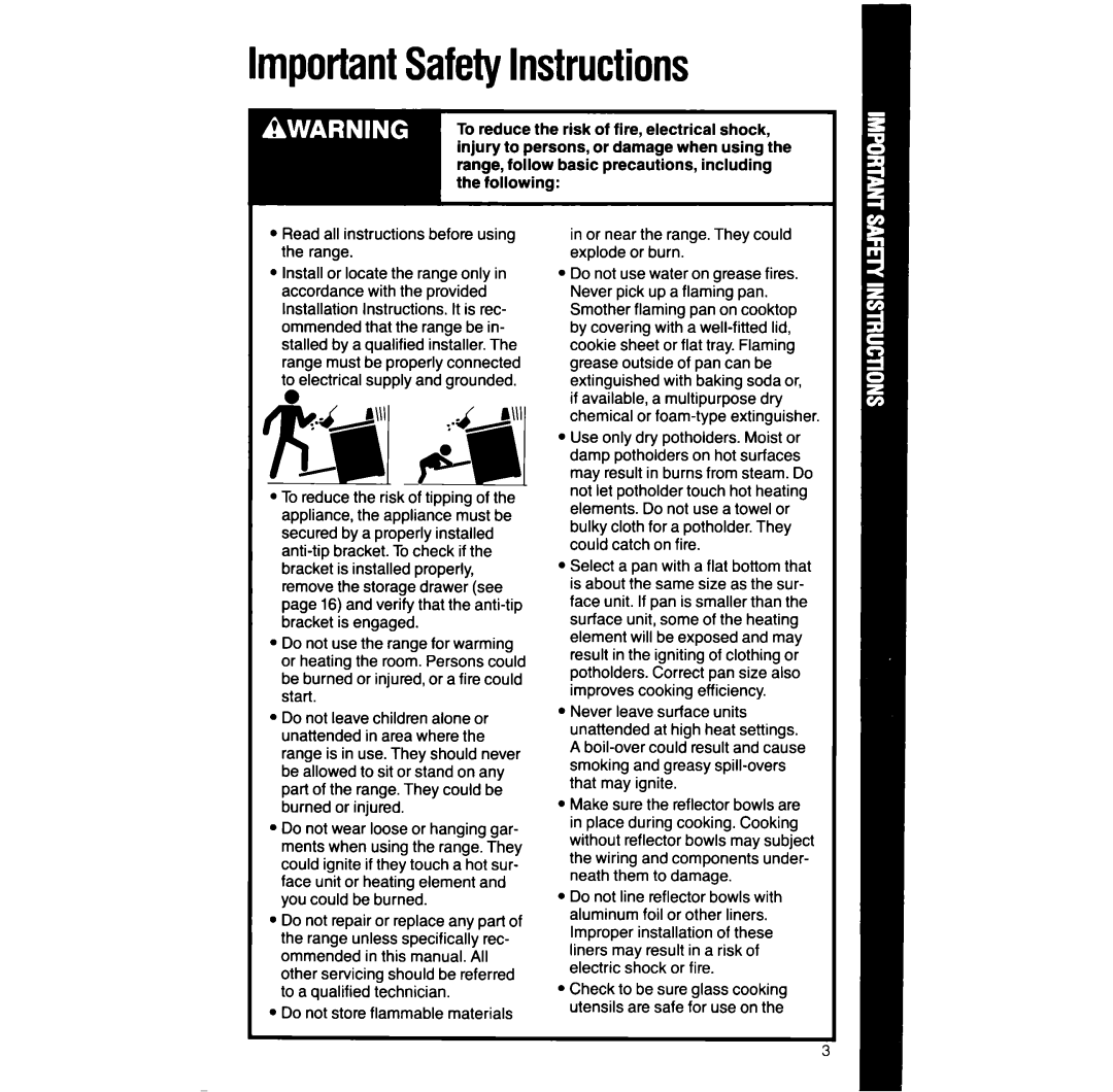 Whirlpool RF391PXW manual ImportantSafetyInstructions, Read all instructions before using the range 