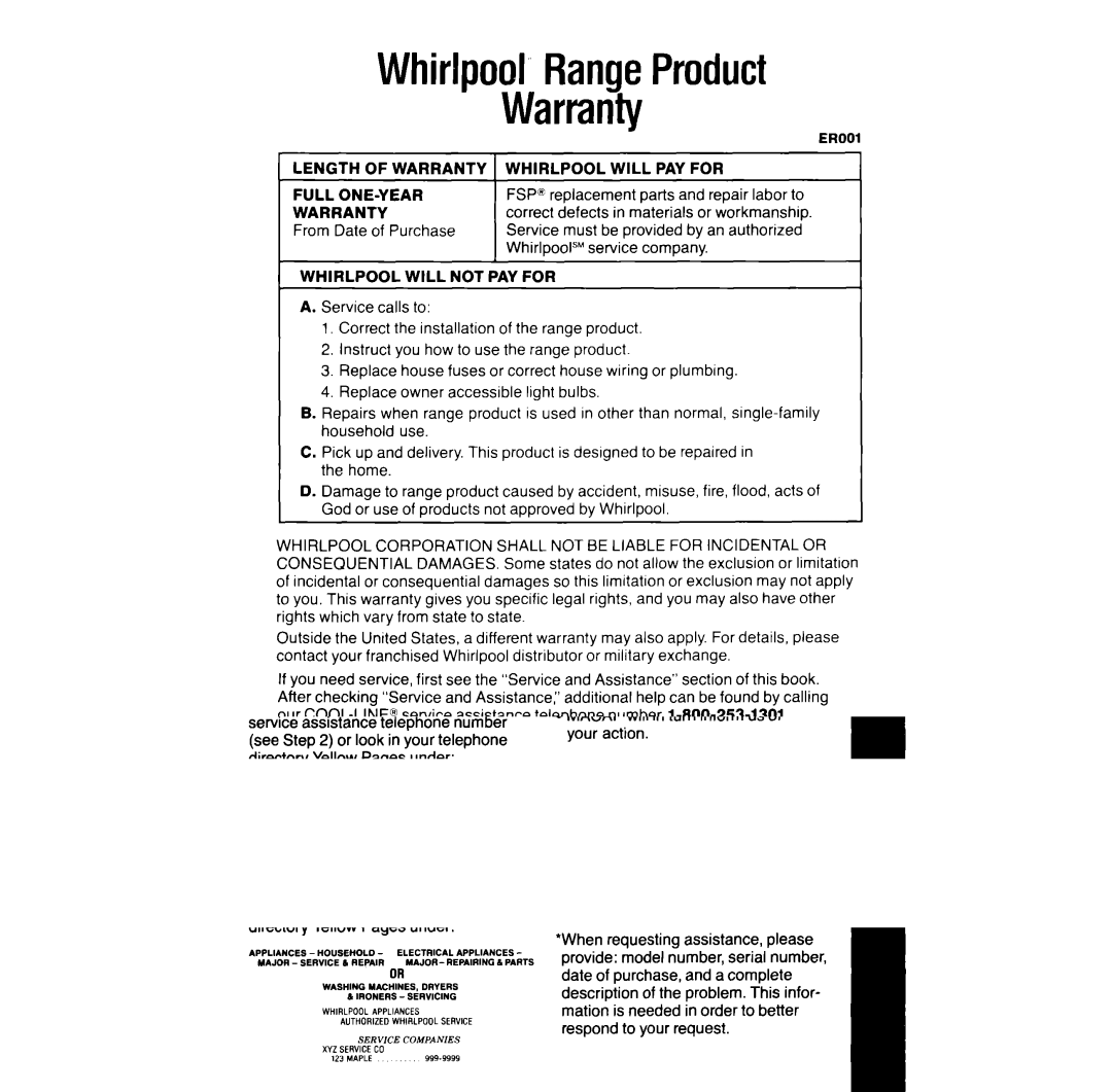 Whirlpool RF391PXW manual Whirlpool’RangeProduct Warranty, Correct, From Date of Purchase, Be provided, Company 