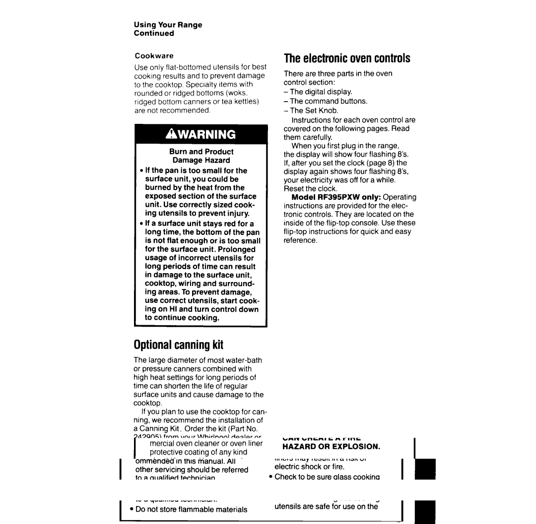 Whirlpool RF391PXW manual Optional canning kit, Electronic oven controls, Using Your Range Cookware 