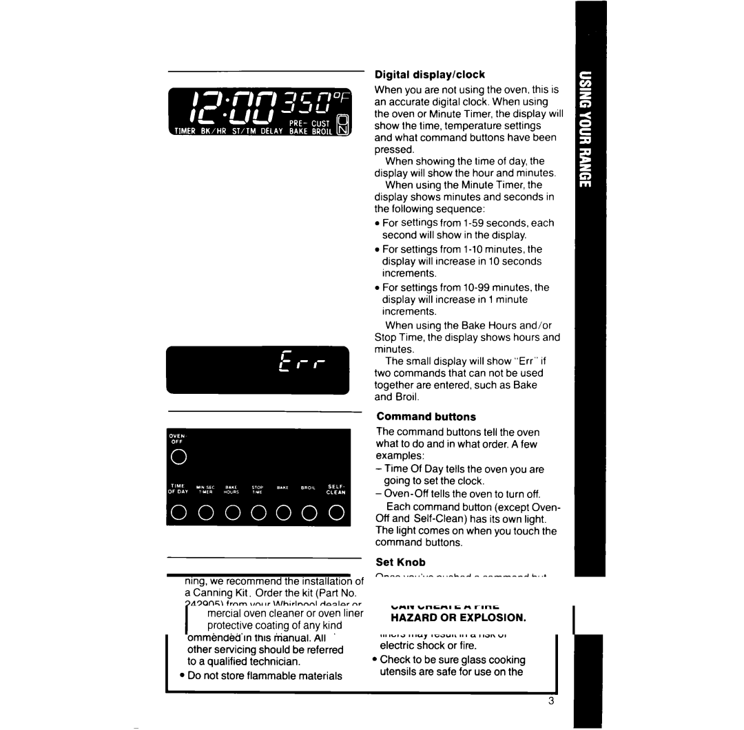 Whirlpool RF391PXW manual Digital display/clock Pressed, Following sequence 