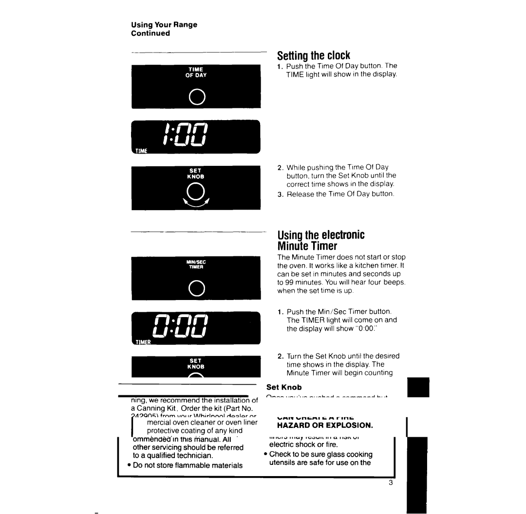 Whirlpool RF391PXW Setting the clock, Usingthe electronic Minute Timer, Using Your Range, Release the Time Of Day button 