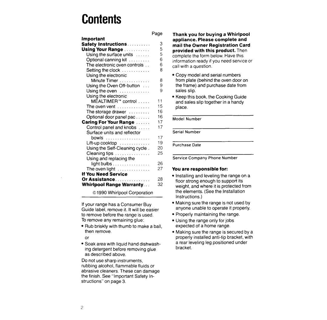 Whirlpool RF391PXW manual Contents 