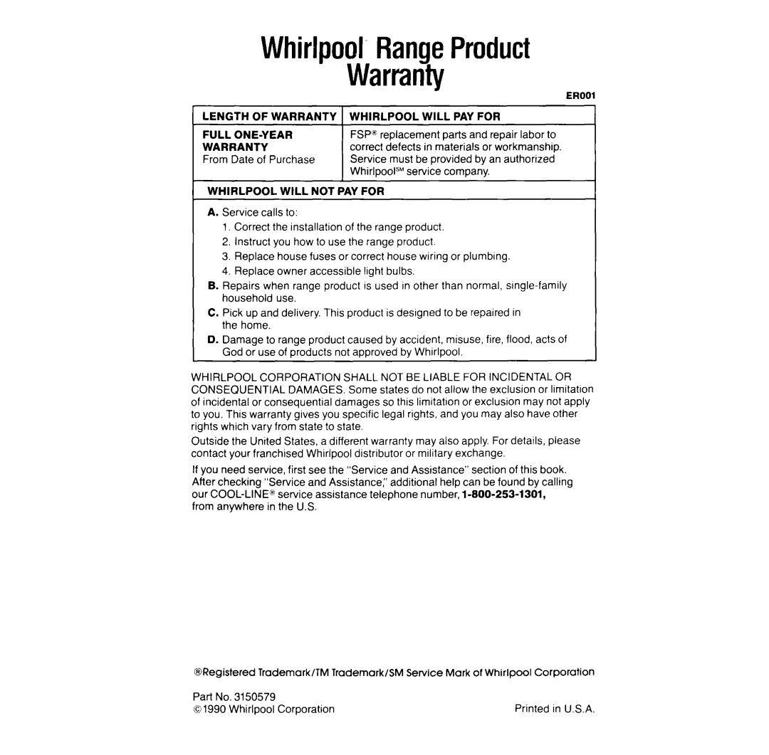 Whirlpool RF391PXW manual Whirlpool’RangeProduct Warranty 