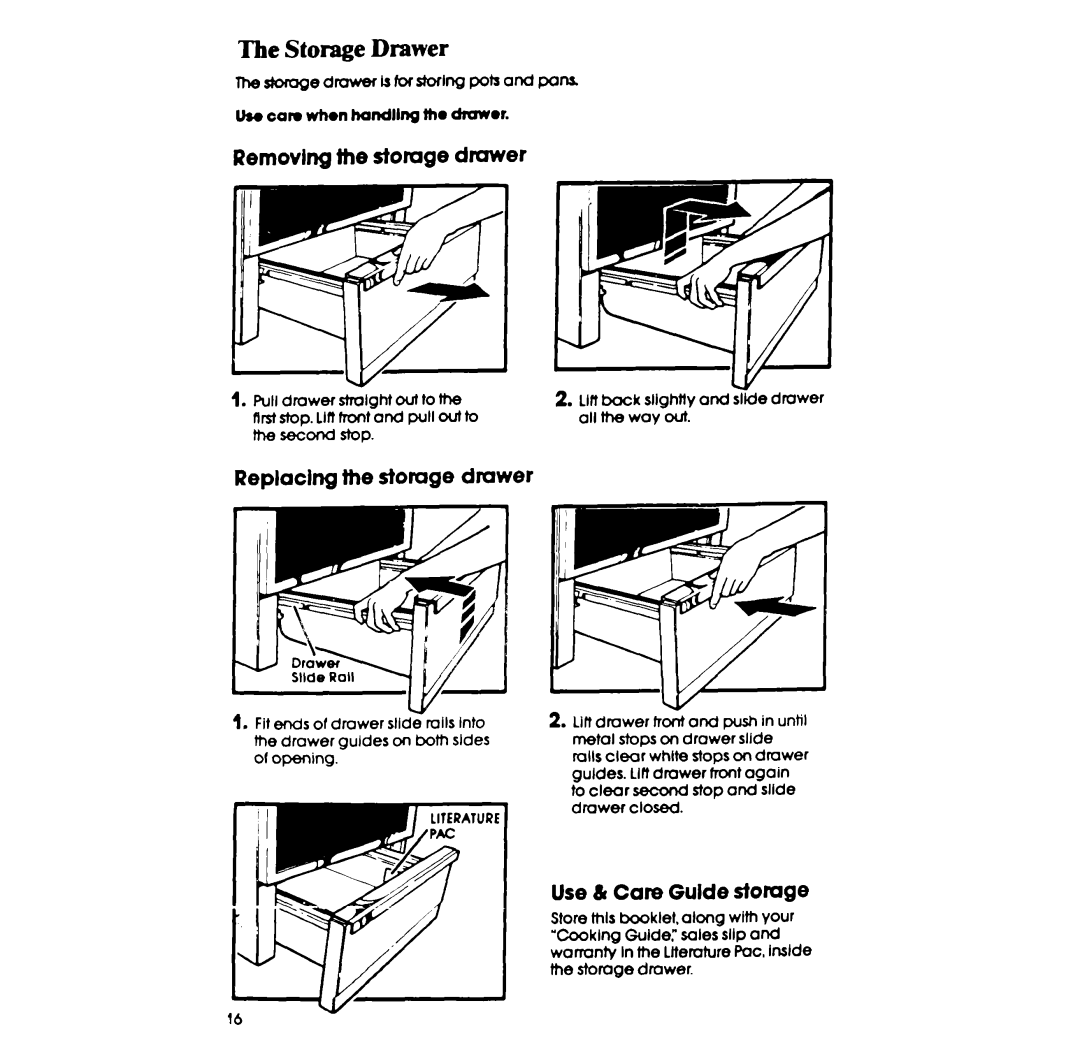 Whirlpool RF395PXP Storage Drawer, Removlng ihe storage drawer, Replacing the stoiuge drawer, Use & Care Guide storage 