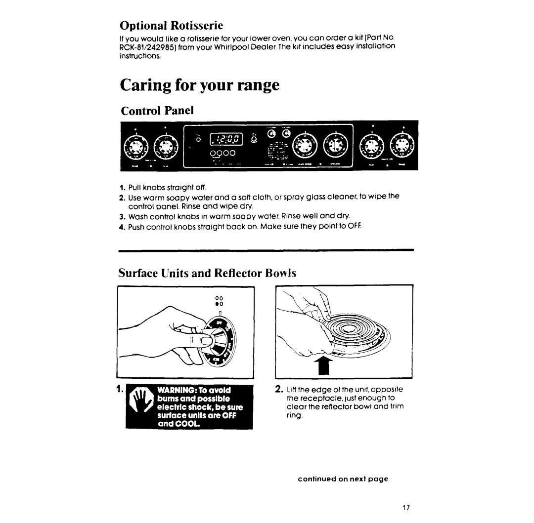 Whirlpool RF395PXP manual Caring for your range 