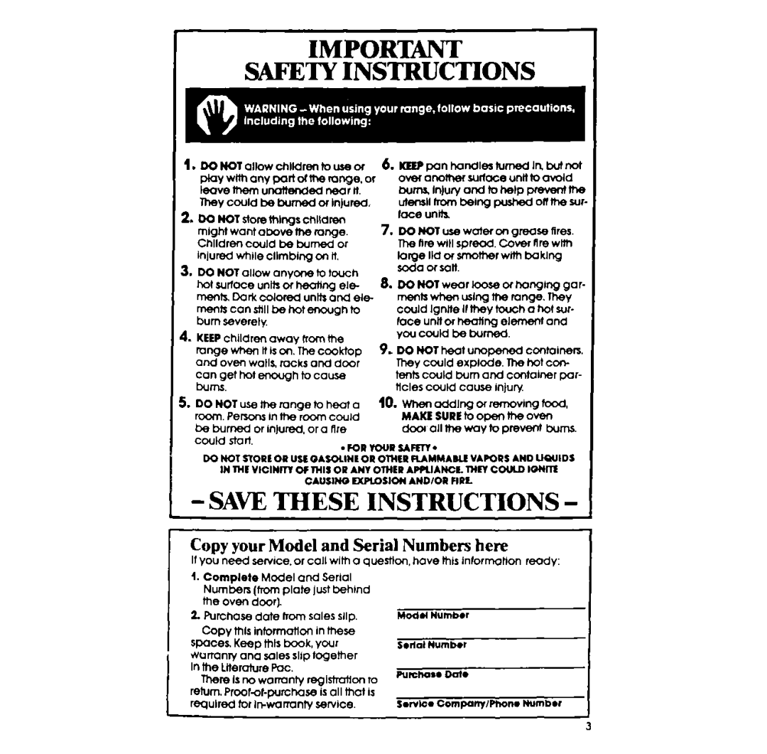 Whirlpool RF395PXP manual Safety Instructions, Copy your Model and Serial Numbers here 