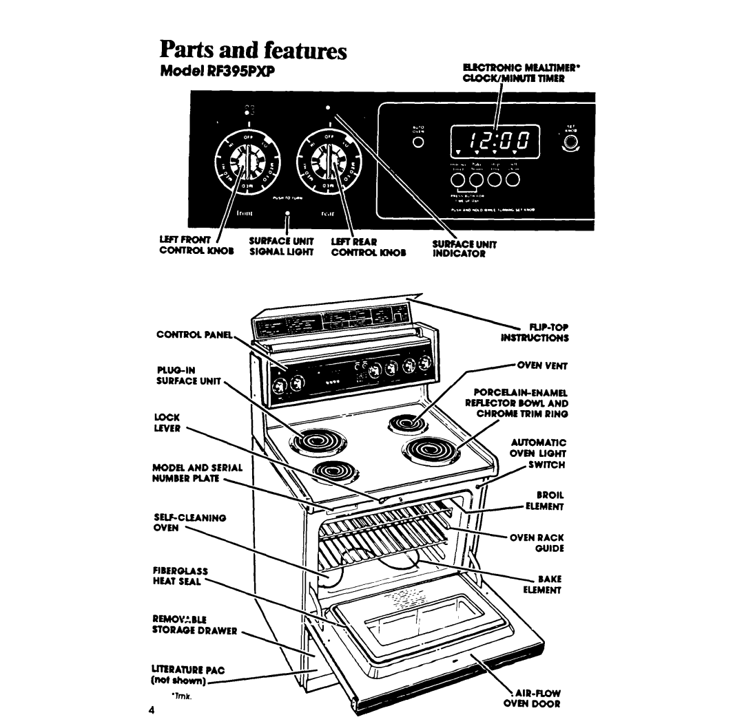 Whirlpool manual Parts and features, Model RF395PXP, ovEH 
