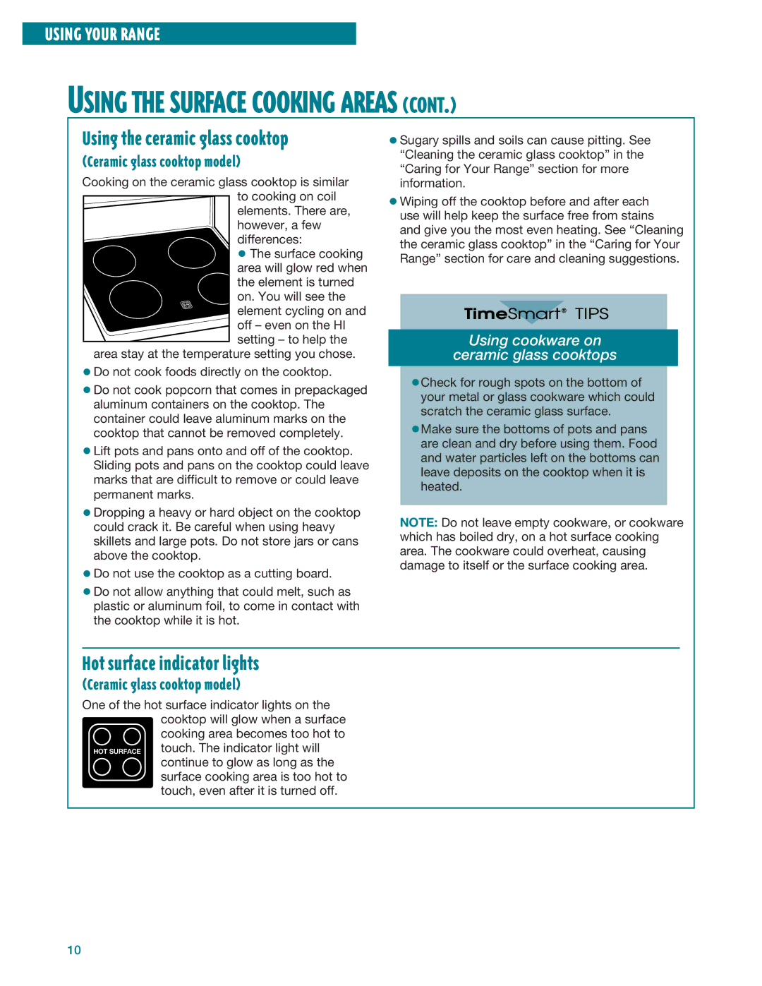 Whirlpool RF396LXE, RF395LXE warranty Hot surface indicator lights, Using cookware on Ceramic glass cooktops 