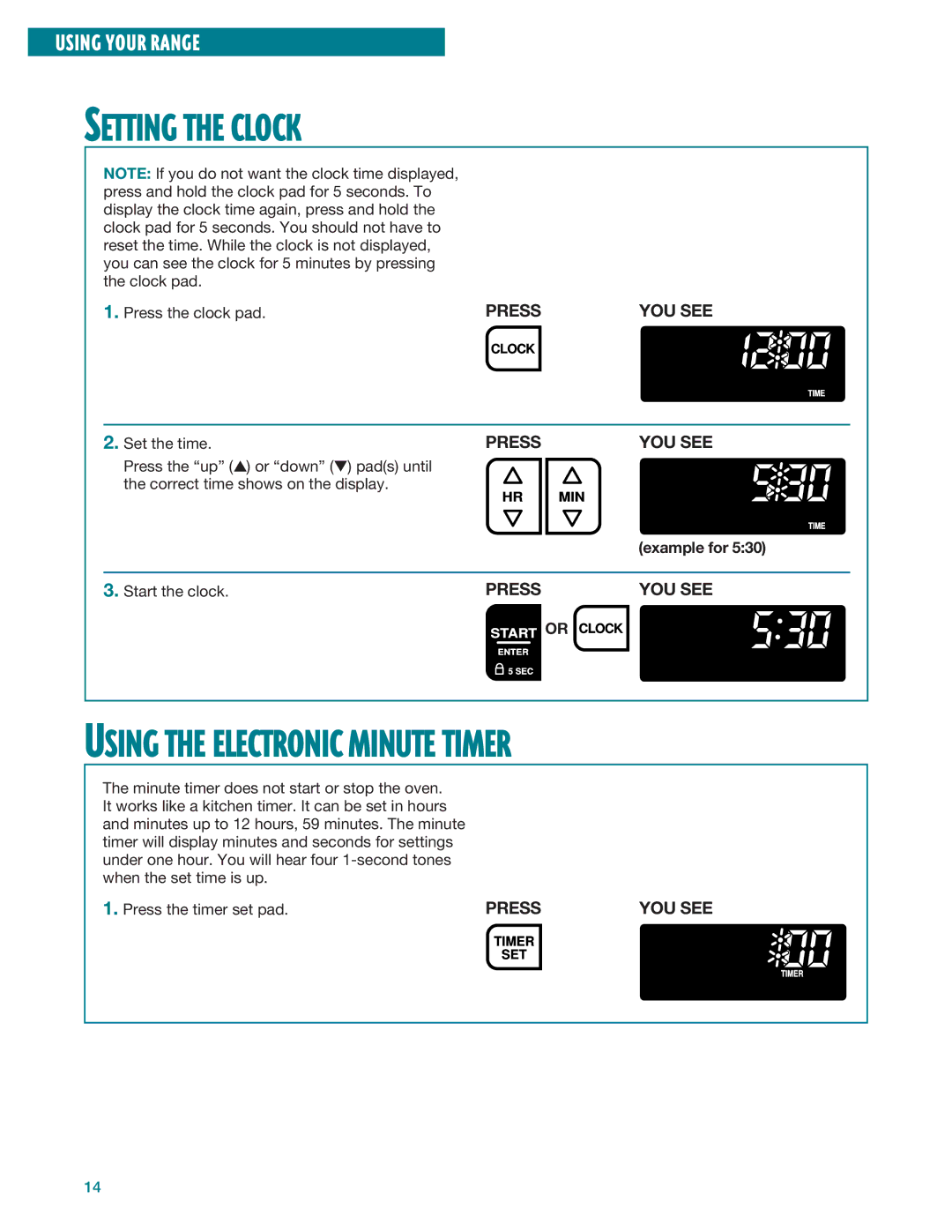 Whirlpool RF396LXE, RF395LXE warranty Setting the Clock, Example for 