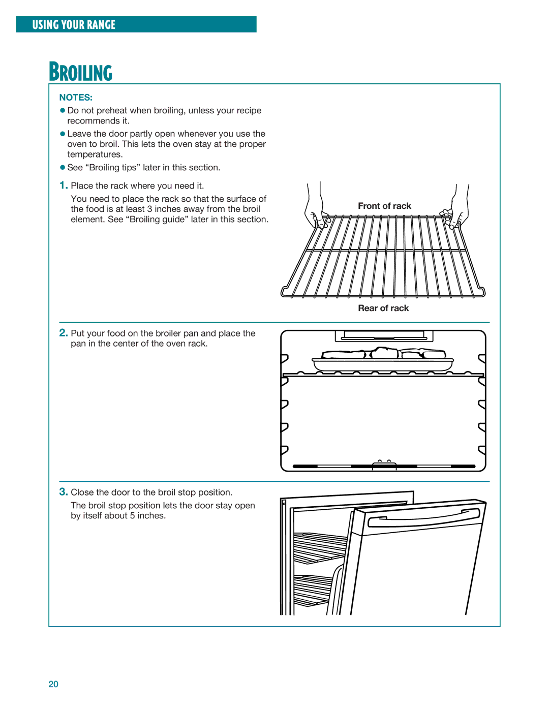 Whirlpool RF396LXE, RF395LXE warranty Broiling, Front of rack Rear of rack 