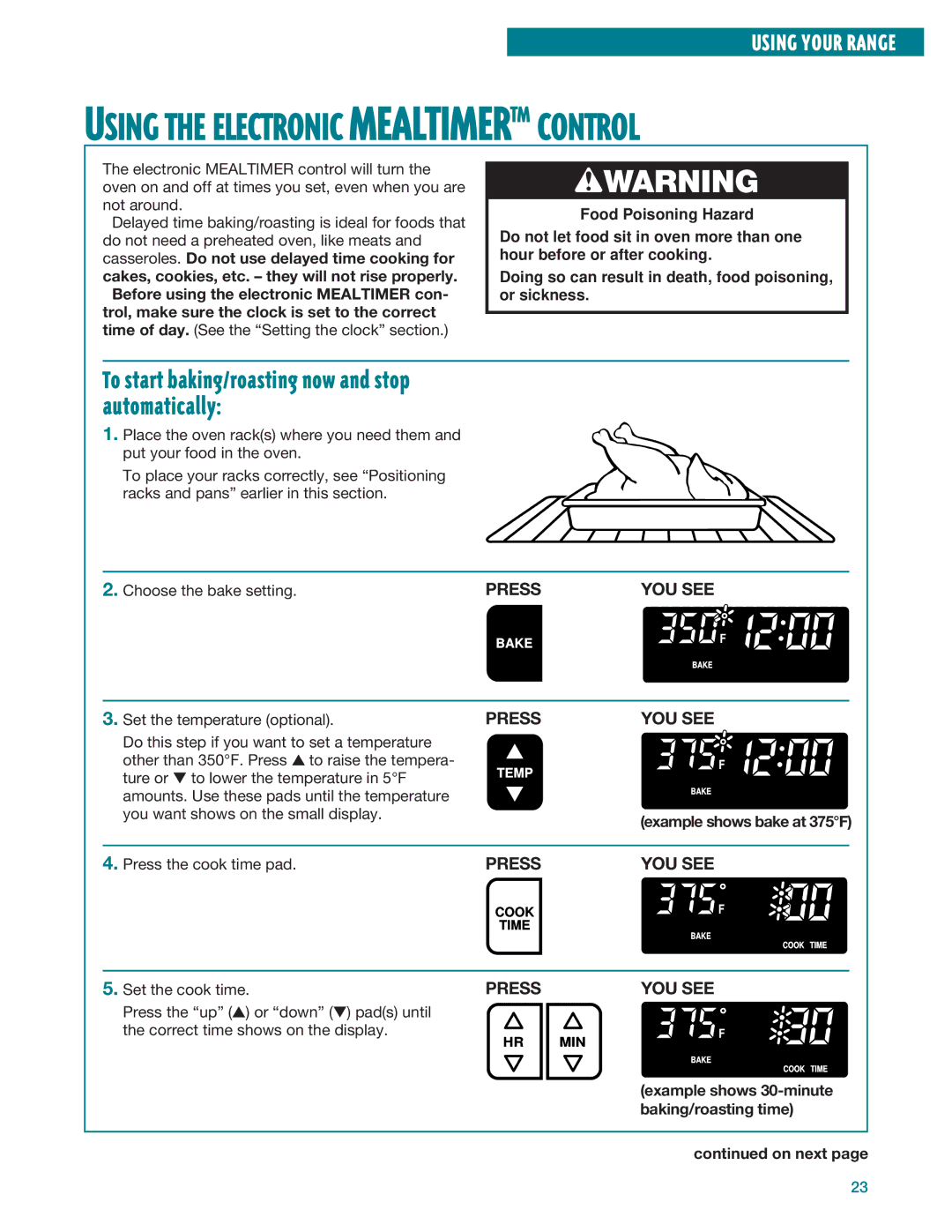 Whirlpool RF395LXE, RF396LXE warranty Example shows bake at 375F, Example shows 30-minute, Baking/roasting time 