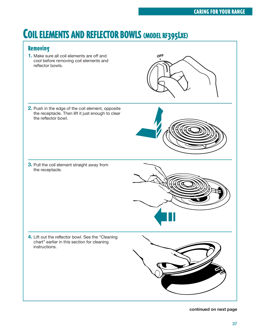 Whirlpool RF396LXE warranty Coil Elements and Reflector Bowls Model RF395LXE, Removing 