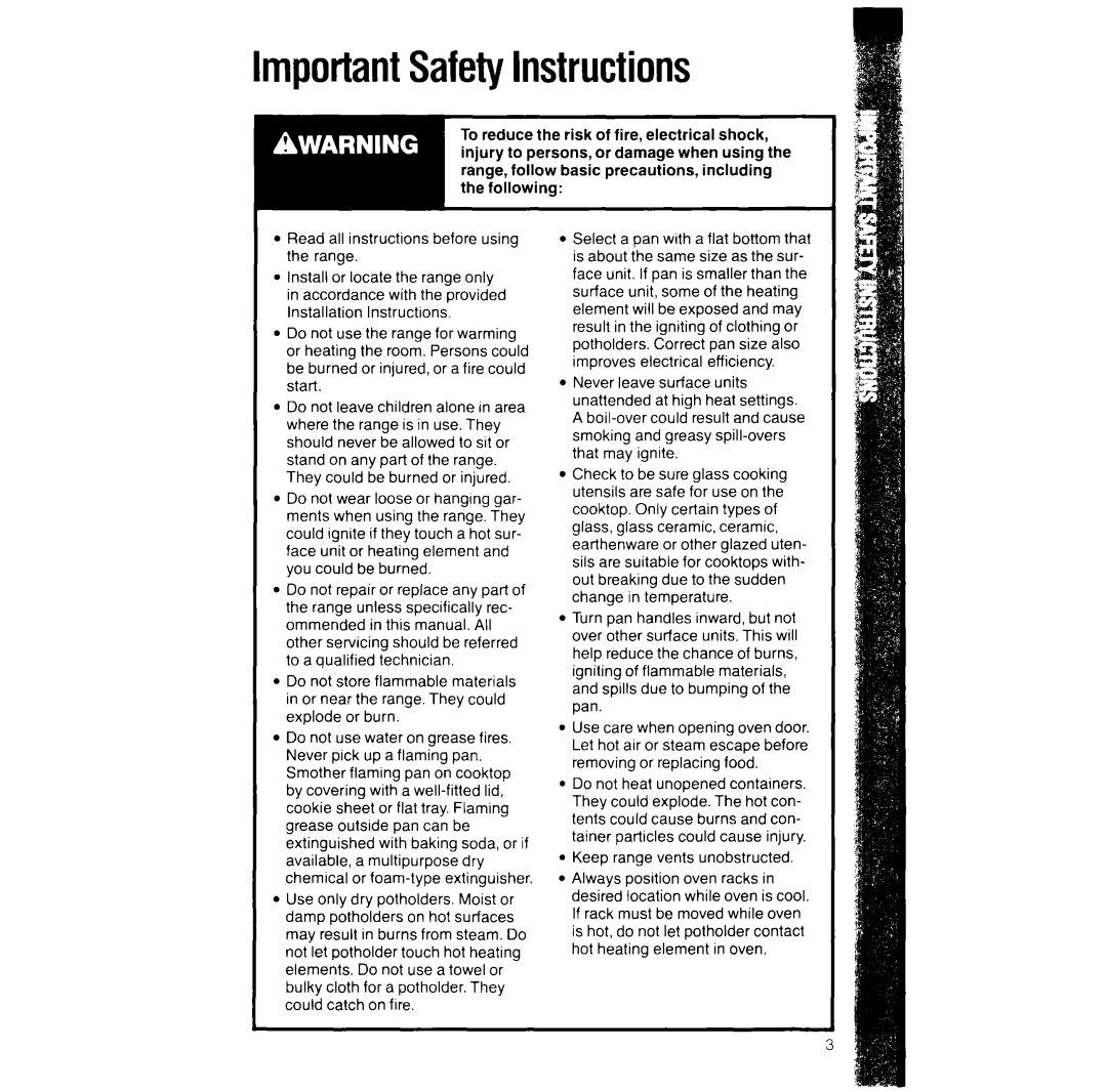 Whirlpool RF396PXV manual ImportantSafetyInstructions, Keep range vents unobstructed 