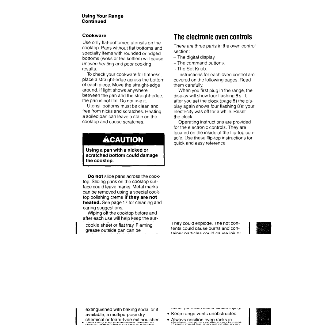 Whirlpool RF396PXV manual Electronic oven controls, Using a pan with a nicked or Scratched Bottom could damage 