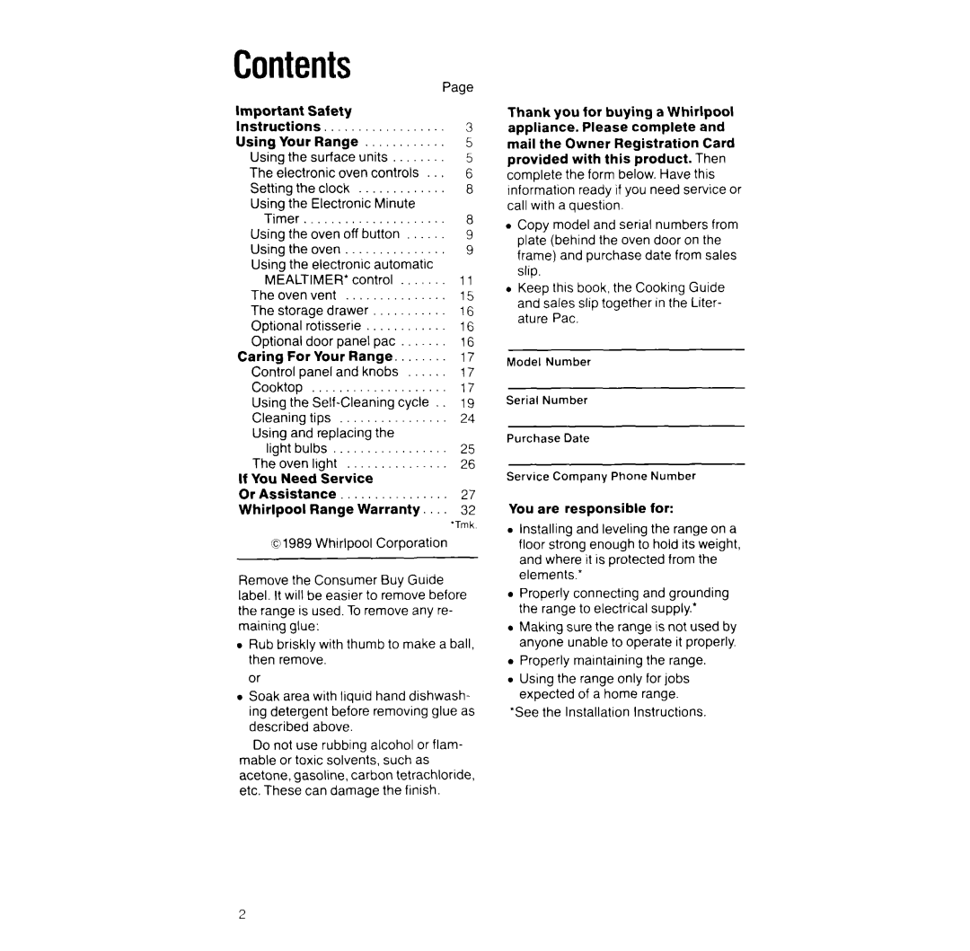 Whirlpool RF396PXV manual Contents 
